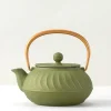 MIYA Company Cast Iron Teapot Olive Green Wave Gold Handle Outlet