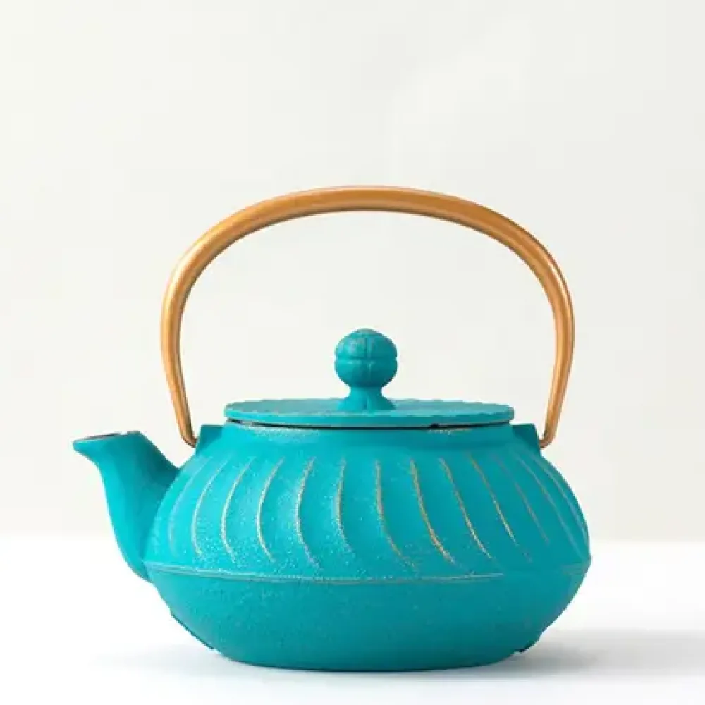 MIYA Company Cast Iron Teapot Teal Wave Gold Handle New