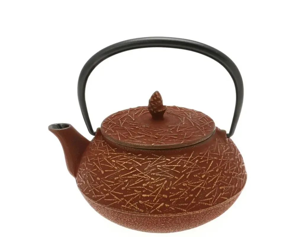 MIYA Company Teapot Cast Iron Gold Cranberry Pine Needles New